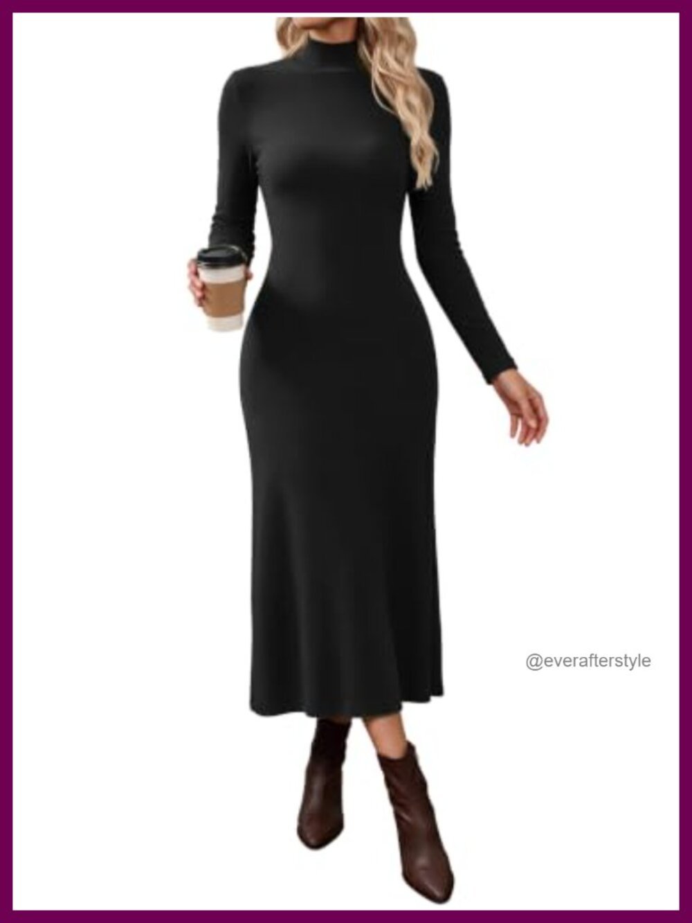 Turtleneck Midi Dress Long Sleeve Knit A-Line Flowy Ribbed Casual